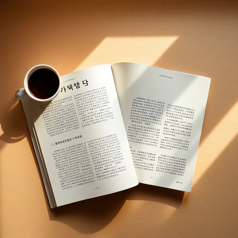 밝은 나무 책상 위에 놓인 한국어 문예 잡지와 커피 한 잔